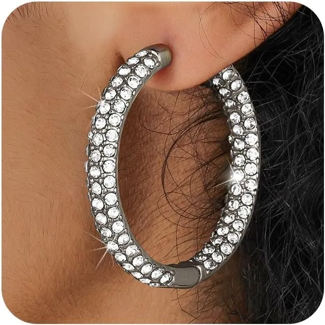 Hoop Earrings for Women Silver Large Hoops Earrings Gold Crystal Earrings for Women Black Rhinestone Earring Party Dance Fashion Hypoallergenic Jewelry Gift for Her Sparkly Hoops With Crystals for Womens
