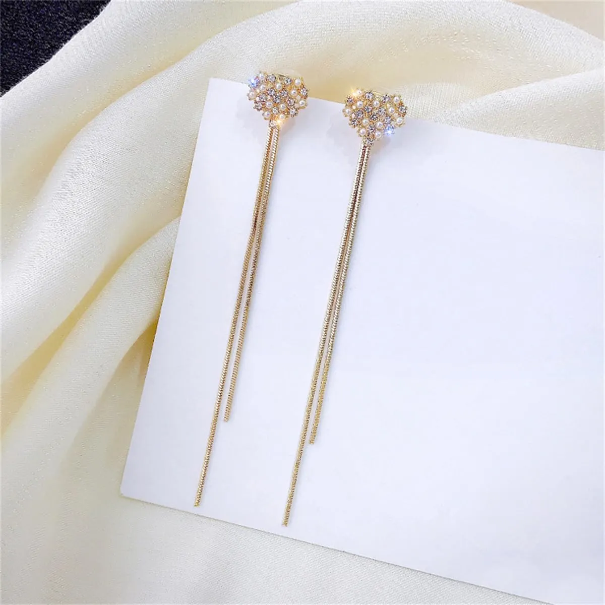 JOYAGIFT Gold Heart White Crystal Tassel Earrings Hollow Heart Imitation Pearl Drop Earrings Jewelry Gift for Women