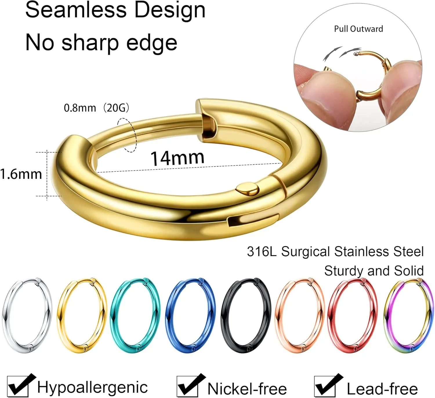 Jstyle 8 Pairs 316L Surgical Stainless Steel Small Hoop Earrings for Men Women Hypoallergenic Huggie Hoop Earrings Cartilage Helix Lobes Sleeper Hoop Earrings Set 18G 20G 8mm/10mm/12mm/14mm