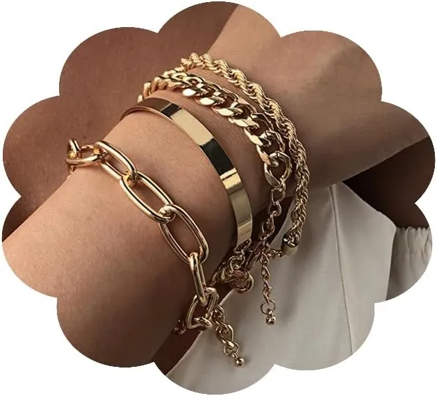 JWICOS Gold Bracelets for Women Boho Chunky Chain Bracelets Set Adjustable Flat Cable Chain Bangle Cuff Bracelets Cuban Link Chain Bracelet for Women Set of 4