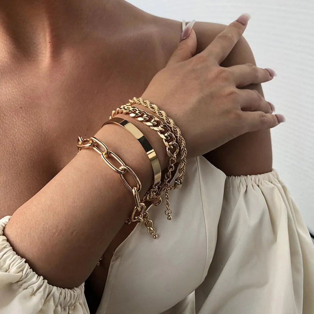 JWICOS Gold Bracelets for Women Boho Chunky Chain Bracelets Set Adjustable Flat Cable Chain Bangle Cuff Bracelets Cuban Link Chain Bracelet for Women Set of 4