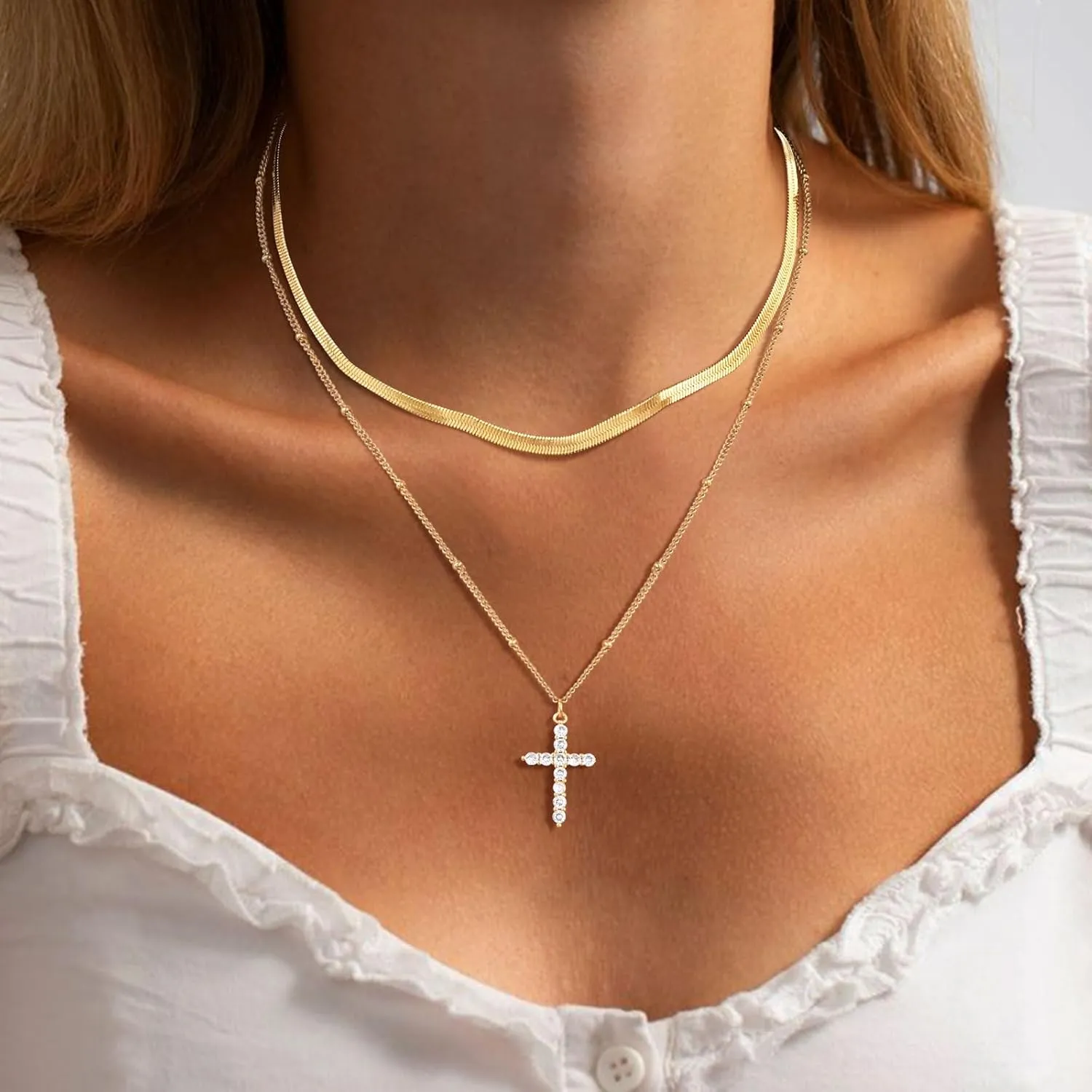 KSF Gold Layered Cross Necklace for Women - 14K Gold Plated Layered Cross Cubic Zirconia Pendant Necklace for Women Trendy Stack Jewelry Gift