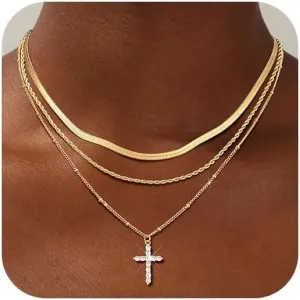 KSF Gold Layered Cross Necklace for Women - 14K Gold Plated Layered Cross Cubic Zirconia Pendant Necklace for Women Trendy Stack Jewelry Gift