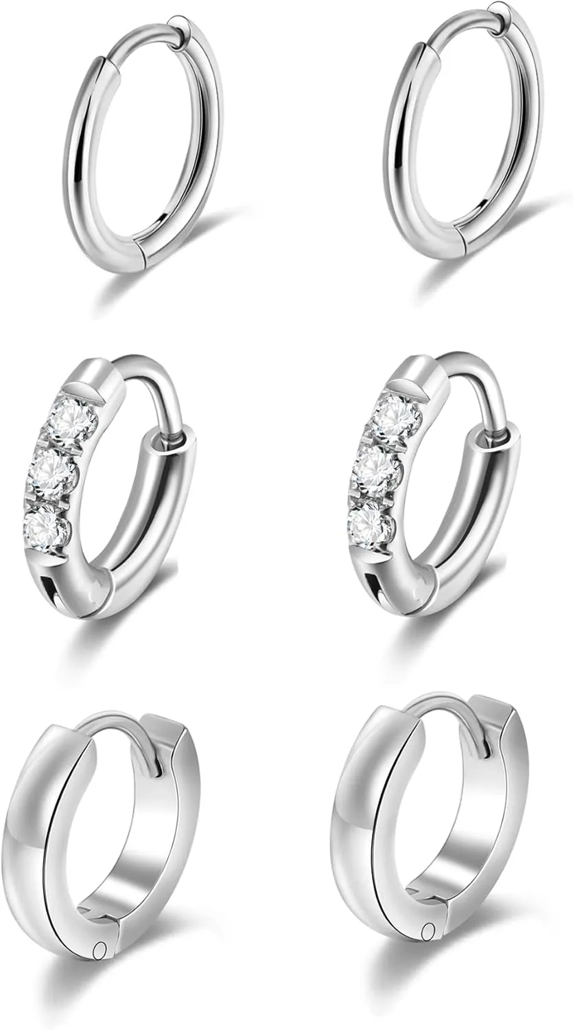 Lantine Small Gold Hoop Earrings Set for Women Men Surgical Stainless Steel Cartilage Cz Huggie Earrings 20G Daith Helix First Second Third Hole Lobes Hinged Sleeper Earrings