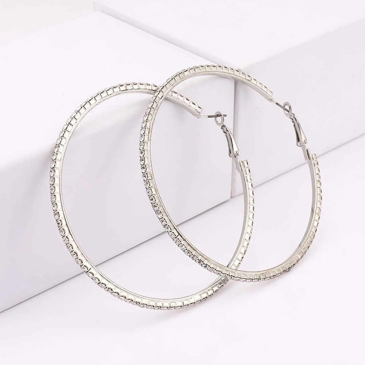 Large Hoop Earrings for Women Rhinestone Crystal Big Circle Hoops Stud Earrings Bridal Wedding Jewelry