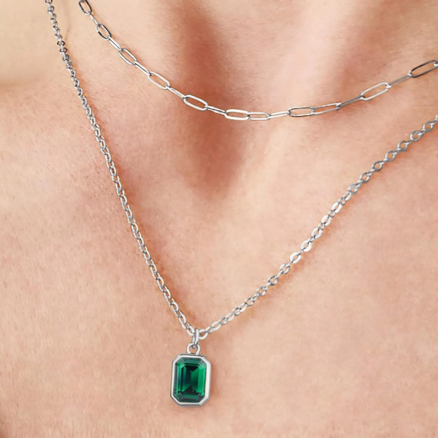 Layered Birthstone Necklace for Women Girls, Gold Silver Rose Gold Plated Paperclip Chain Choker Necklace Rectangle Birthstone Pendant Birthday Gifts for Women Girls Dainty Small Jewelry