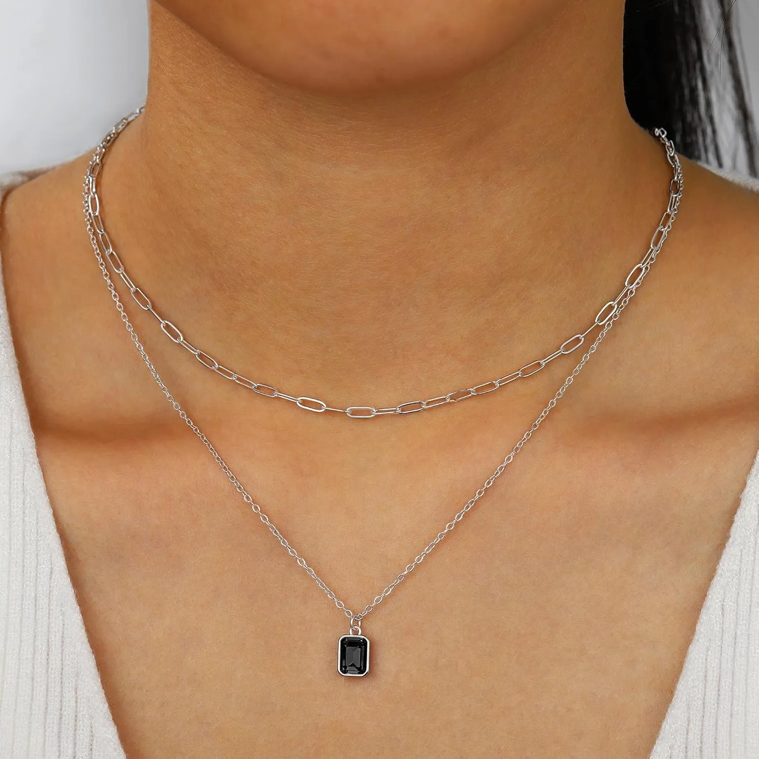 Layered Birthstone Necklace for Women Girls, Gold Silver Rose Gold Plated Paperclip Chain Choker Necklace Rectangle Birthstone Pendant Birthday Gifts for Women Girls Dainty Small Jewelry