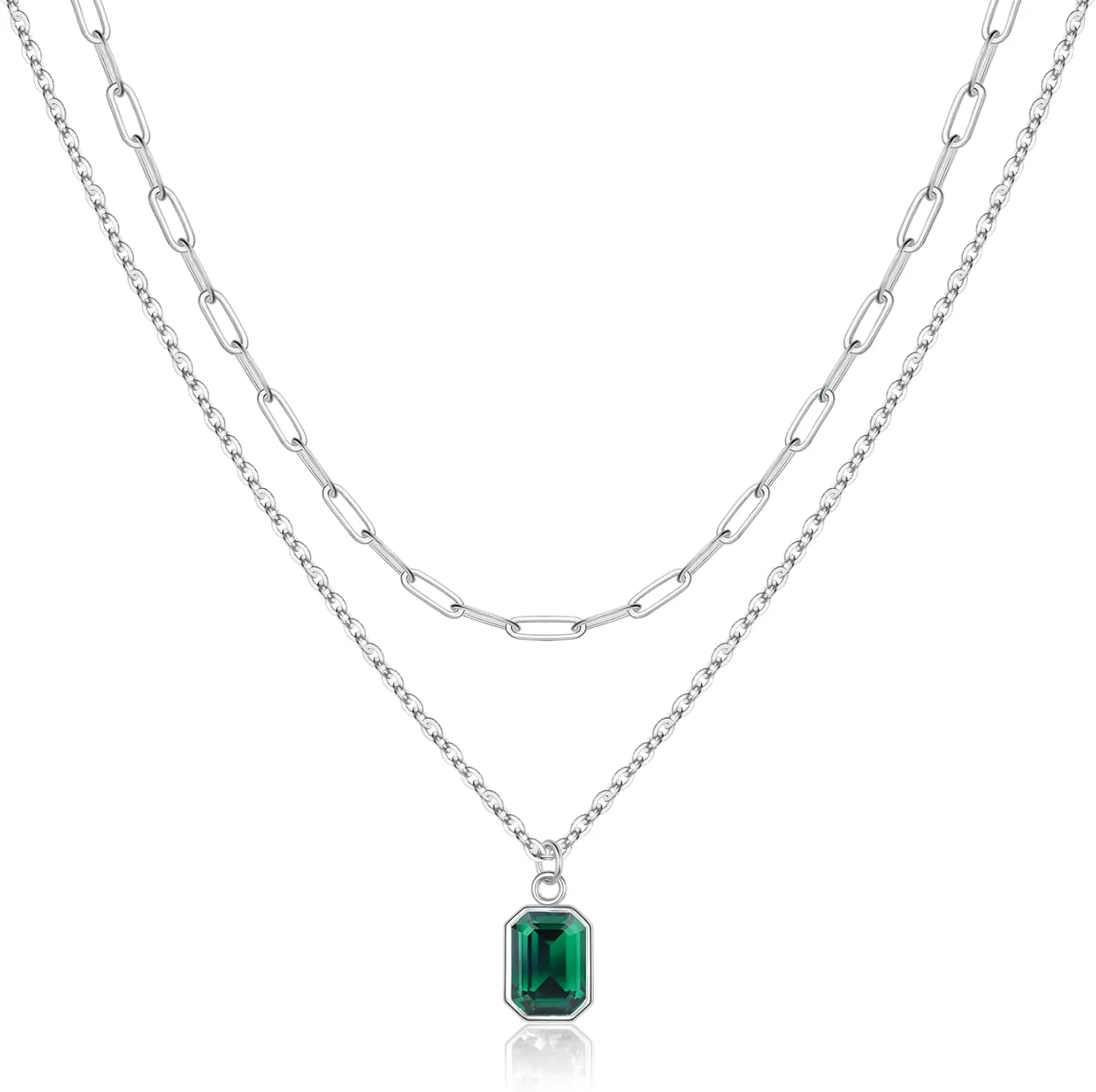 Layered Birthstone Necklace for Women Girls, Gold Silver Rose Gold Plated Paperclip Chain Choker Necklace Rectangle Birthstone Pendant Birthday Gifts for Women Girls Dainty Small Jewelry