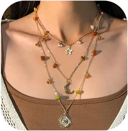 Layered Boho Necklace for Women Stacked Crystal Chain Necklace Sun Pendant Hippie Boho Choker Jewelry