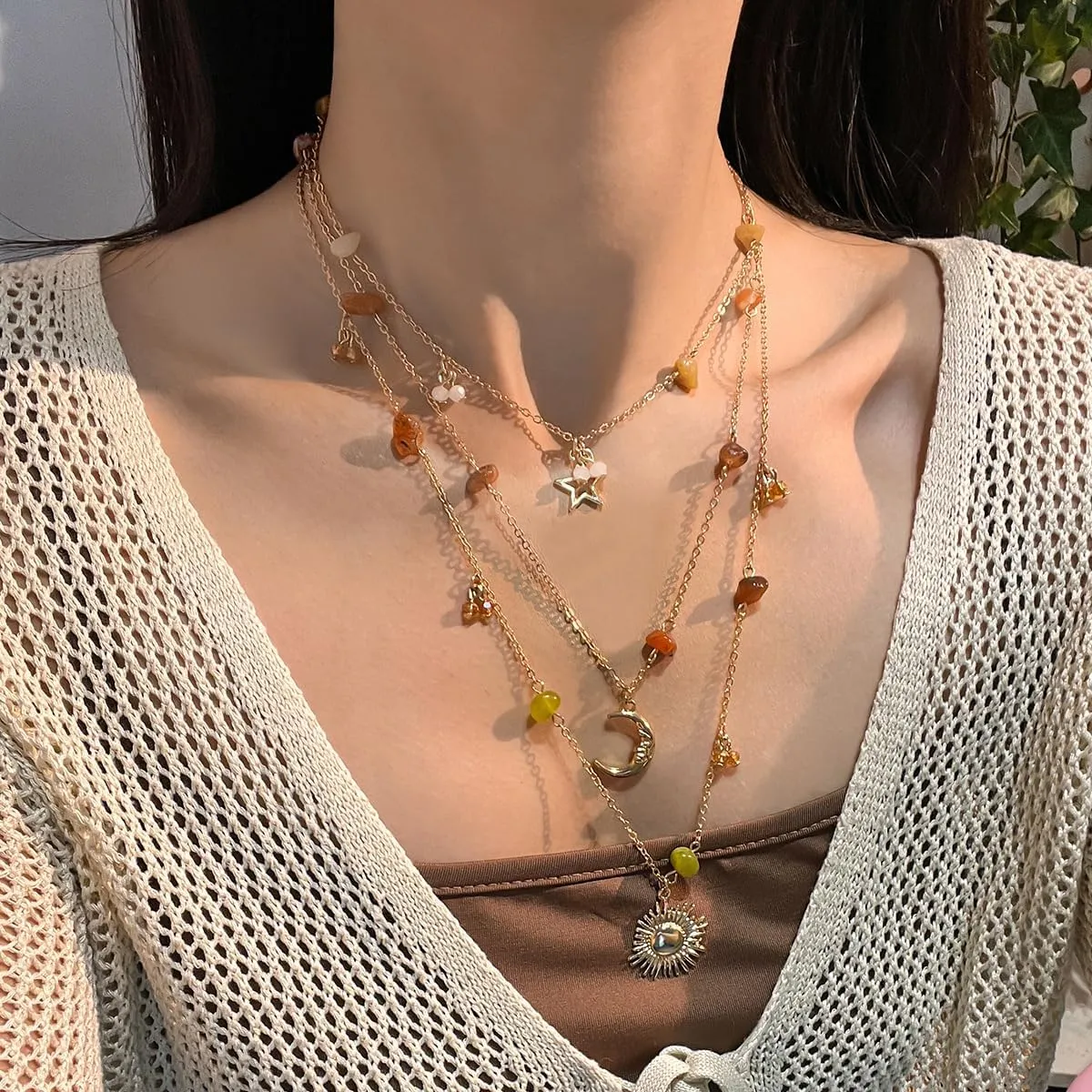 Layered Boho Necklace for Women Stacked Crystal Chain Necklace Sun Pendant Hippie Boho Choker Jewelry