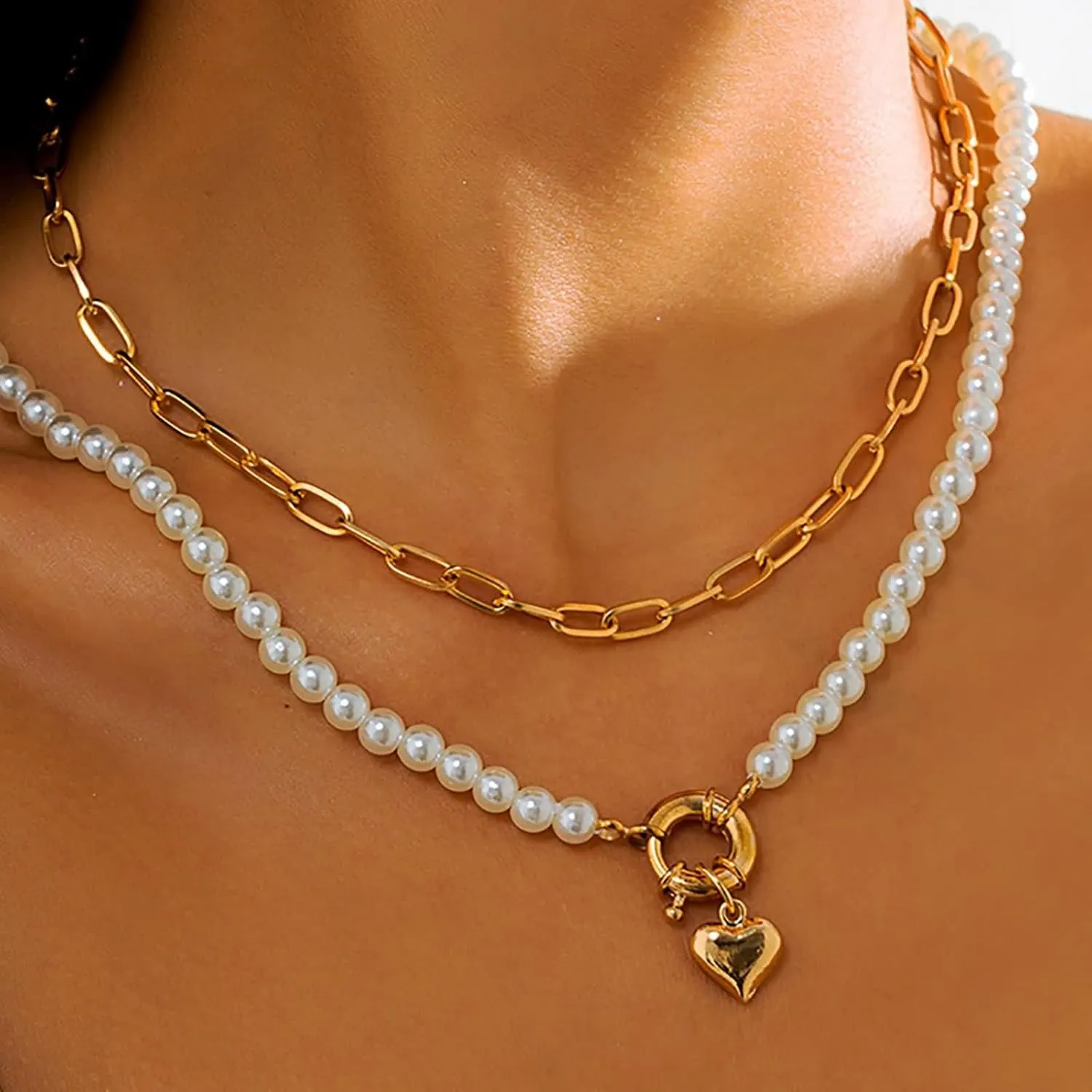 Layered Choker Necklaces for Women, Dainty Layered Choker Necklace Pearl Heart Pendant Chain Necklaces Jewelry Gifts for Birthday Wedding, 2 Pieces