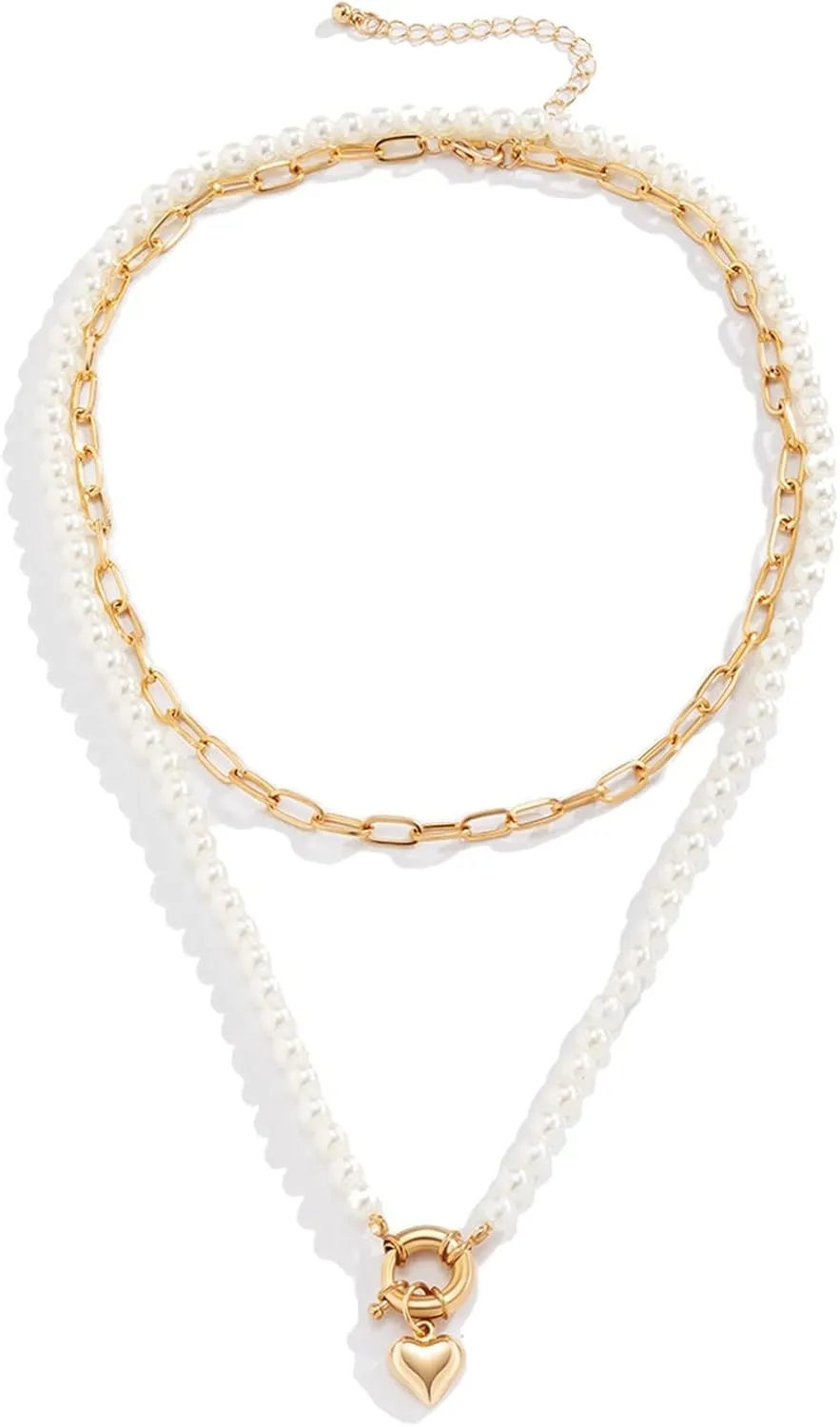 Layered Choker Necklaces for Women, Dainty Layered Choker Necklace Pearl Heart Pendant Chain Necklaces Jewelry Gifts for Birthday Wedding, 2 Pieces
