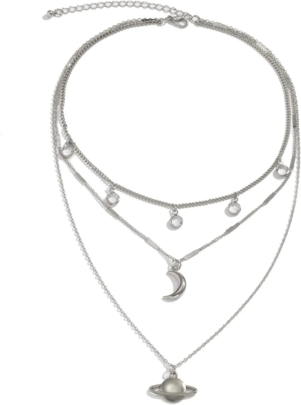 Layered Choker Necklaces for Women, Dainty Layered Choker Necklace Planetary Meniscus Fringe Crystal Pendant Chain Necklaces Jewelry Gifts for Birthday Wedding, 3 Layers, Silver
