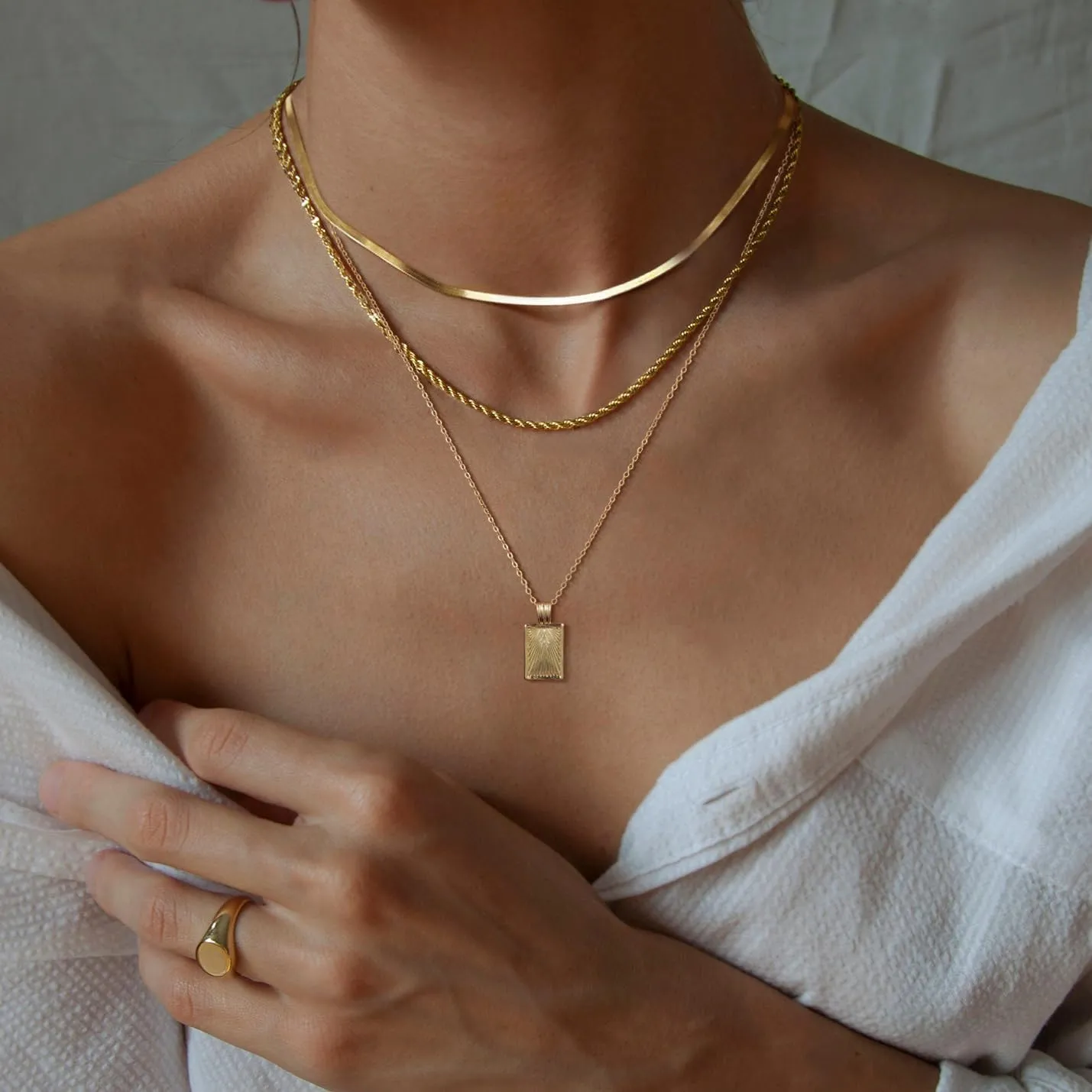 Layered Gold Necklaces for Women, Stackable Stack 14K Gold/Silver Plated Herringbone Hangtag Diamond CZ Pendant Necklaces Trendy Gold Jewelry Set Gifts for Women