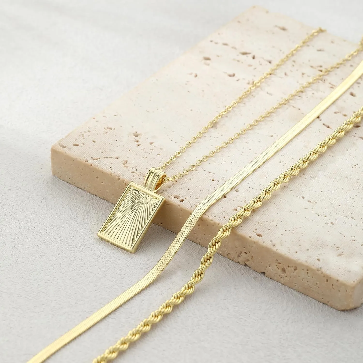 Layered Gold Necklaces for Women, Stackable Stack 14K Gold/Silver Plated Herringbone Hangtag Diamond CZ Pendant Necklaces Trendy Gold Jewelry Set Gifts for Women