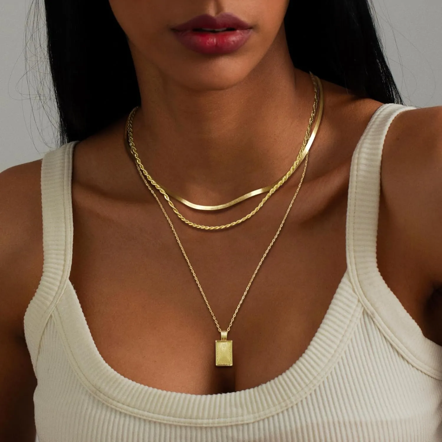 Layered Gold Necklaces for Women, Stackable Stack 14K Gold/Silver Plated Herringbone Hangtag Diamond CZ Pendant Necklaces Trendy Gold Jewelry Set Gifts for Women