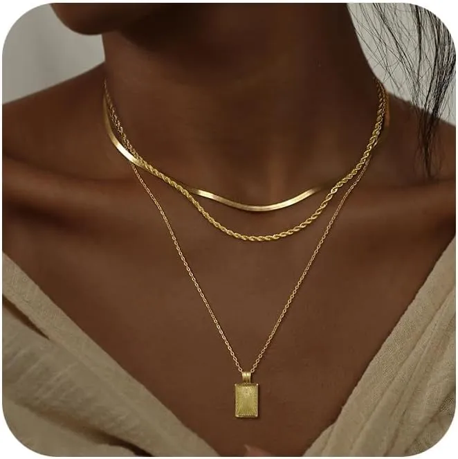 Layered Gold Necklaces for Women, Stackable Stack 14K Gold/Silver Plated Herringbone Hangtag Diamond CZ Pendant Necklaces Trendy Gold Jewelry Set Gifts for Women