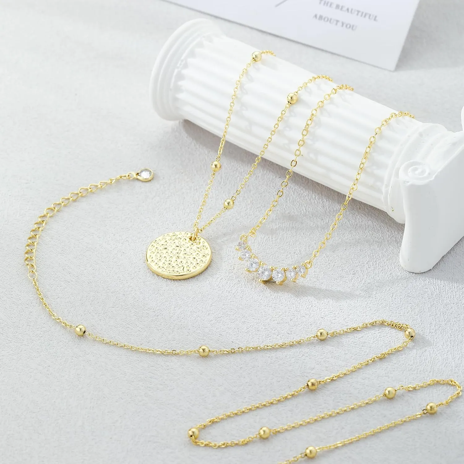 Layered Gold Silver Necklaces for Women, Stackable Stack 14K Real Gold Plated Silver Chain Necklace Diamond Circle CZ Layering Pendant Necklaces Trendy Gold Jewelry Set Gifts