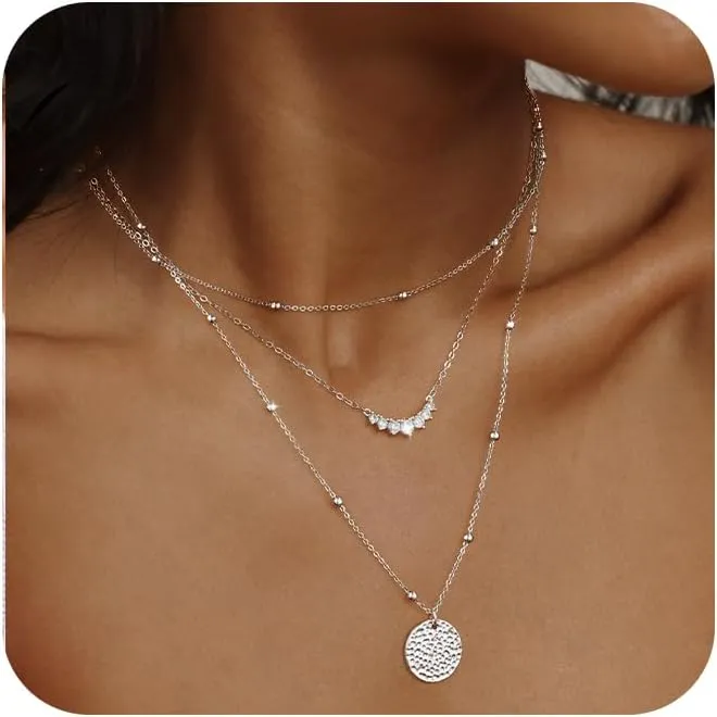 Layered Gold Silver Necklaces for Women, Stackable Stack 14K Real Gold Plated Silver Chain Necklace Diamond Circle CZ Layering Pendant Necklaces Trendy Gold Jewelry Set Gifts
