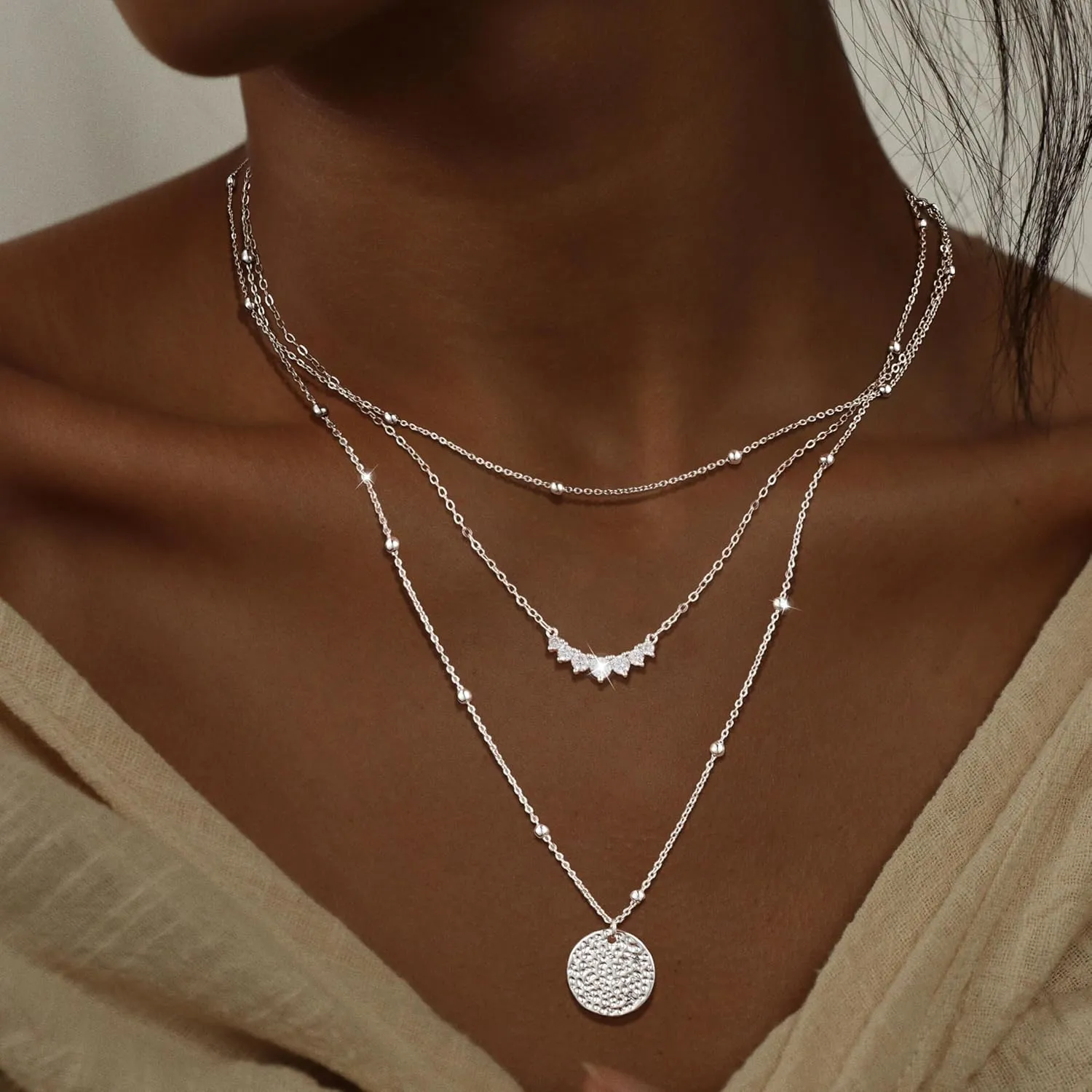 Layered Gold Silver Necklaces for Women, Stackable Stack 14K Real Gold Plated Silver Chain Necklace Diamond Circle CZ Layering Pendant Necklaces Trendy Gold Jewelry Set Gifts