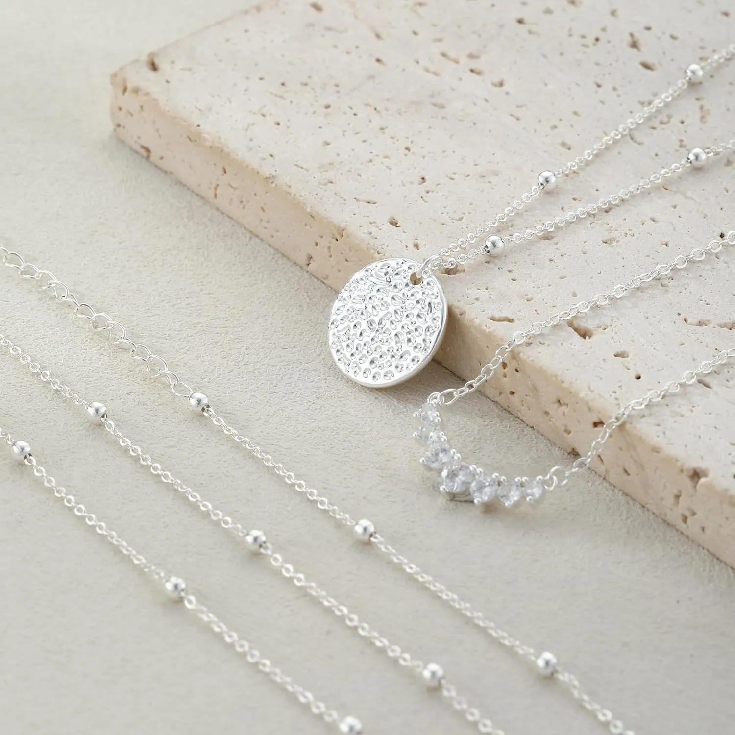 Layered Gold Silver Necklaces for Women, Stackable Stack 14K Real Gold Plated Silver Chain Necklace Diamond Circle CZ Layering Pendant Necklaces Trendy Gold Jewelry Set Gifts