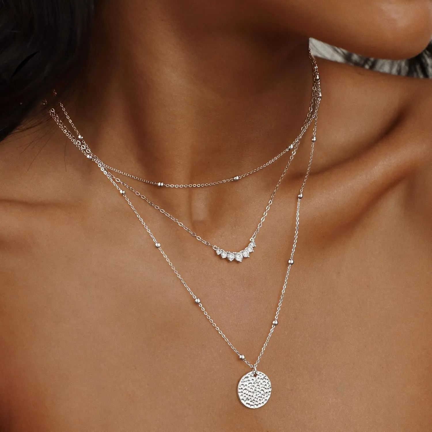 Layered Gold Silver Necklaces for Women, Stackable Stack 14K Real Gold Plated Silver Chain Necklace Diamond Circle CZ Layering Pendant Necklaces Trendy Gold Jewelry Set Gifts