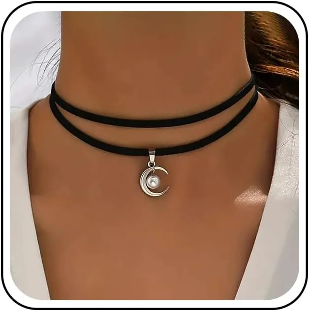 Layered Leather Choker Necklace Pearl Moon Pendant Leather Necklaces Black Velvet Suede Choker Necklace Velvet Short Necklaces Moon Charm Clavicle Chain Jewelry