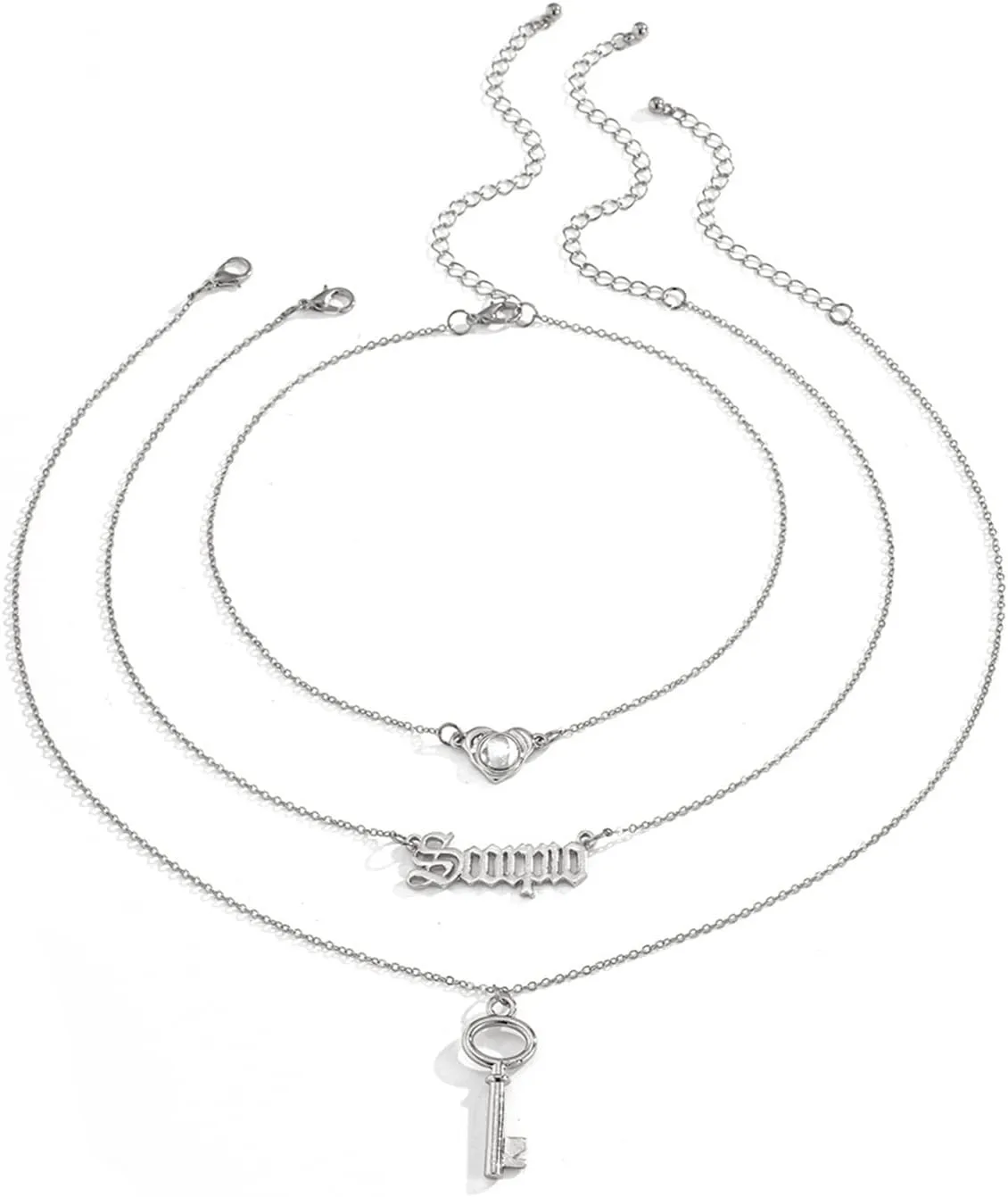 Layered Necklace for Women, Dainty Layered Necklaces for Women Heart Shaped Letter Cutout Pendant Chain Necklaces Jewelry Birthday Gift for Her, 3 Pieces, Silver