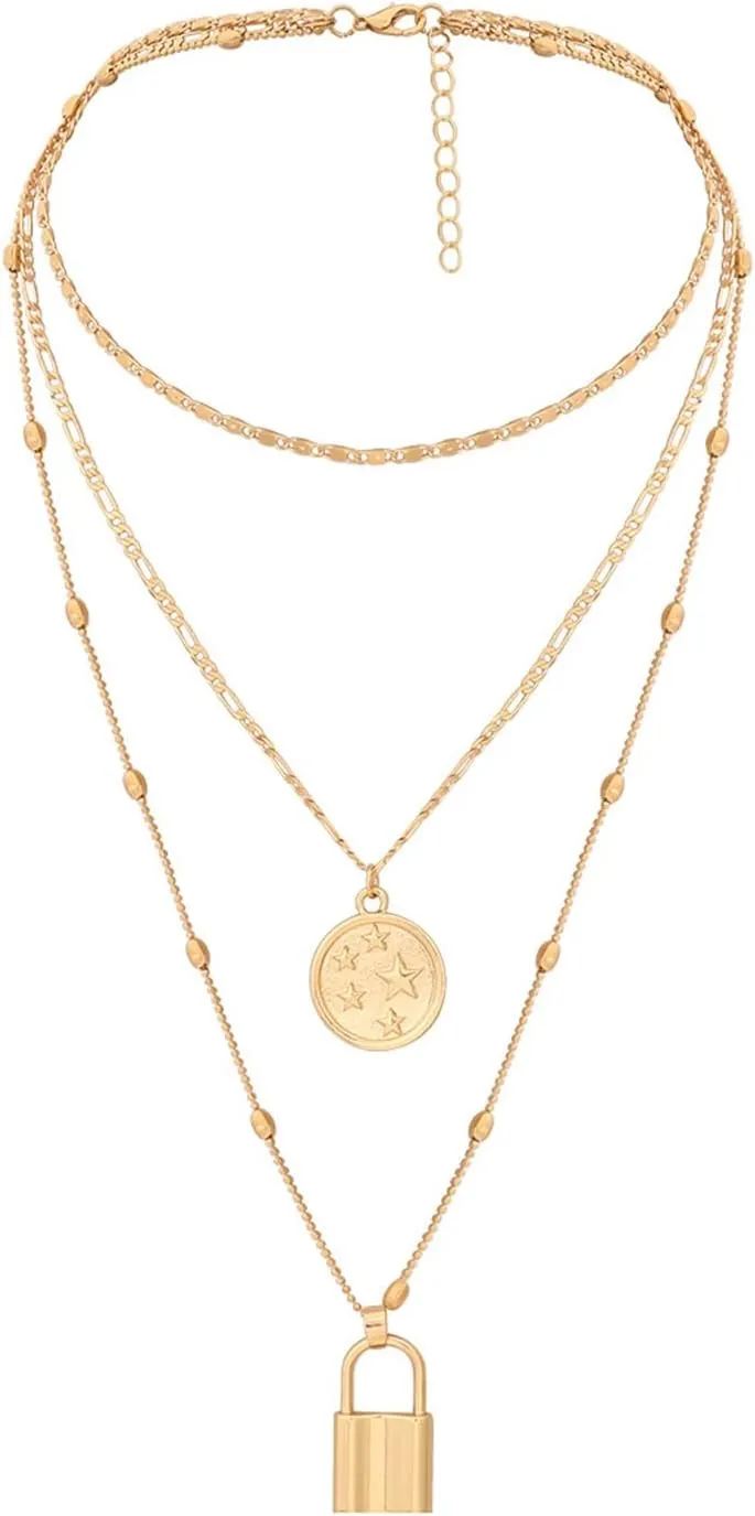 Layered Necklace for Women, Dainty Layered Necklaces for Women Lock Star Round Tag Pendant Chain Necklaces Women Jewelry, 3 Layers, Gold, 40CM