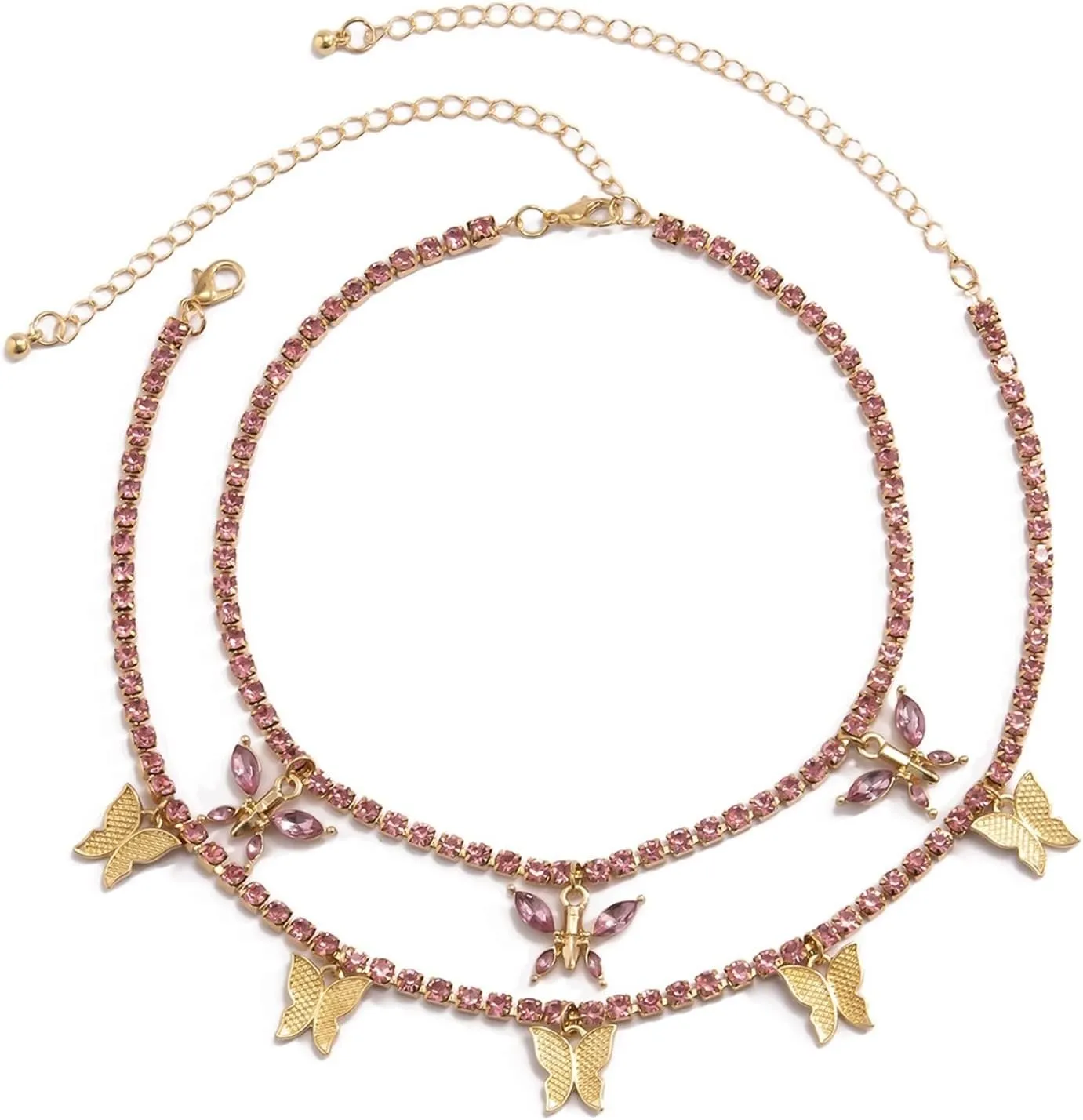 Layered Necklace, Gold Choker 2 Layer Gold Lobster Claw Pink Round Cubic Zirconia Butterfly Design Graduation Teenage Girls Gifts Ideas 40Cm