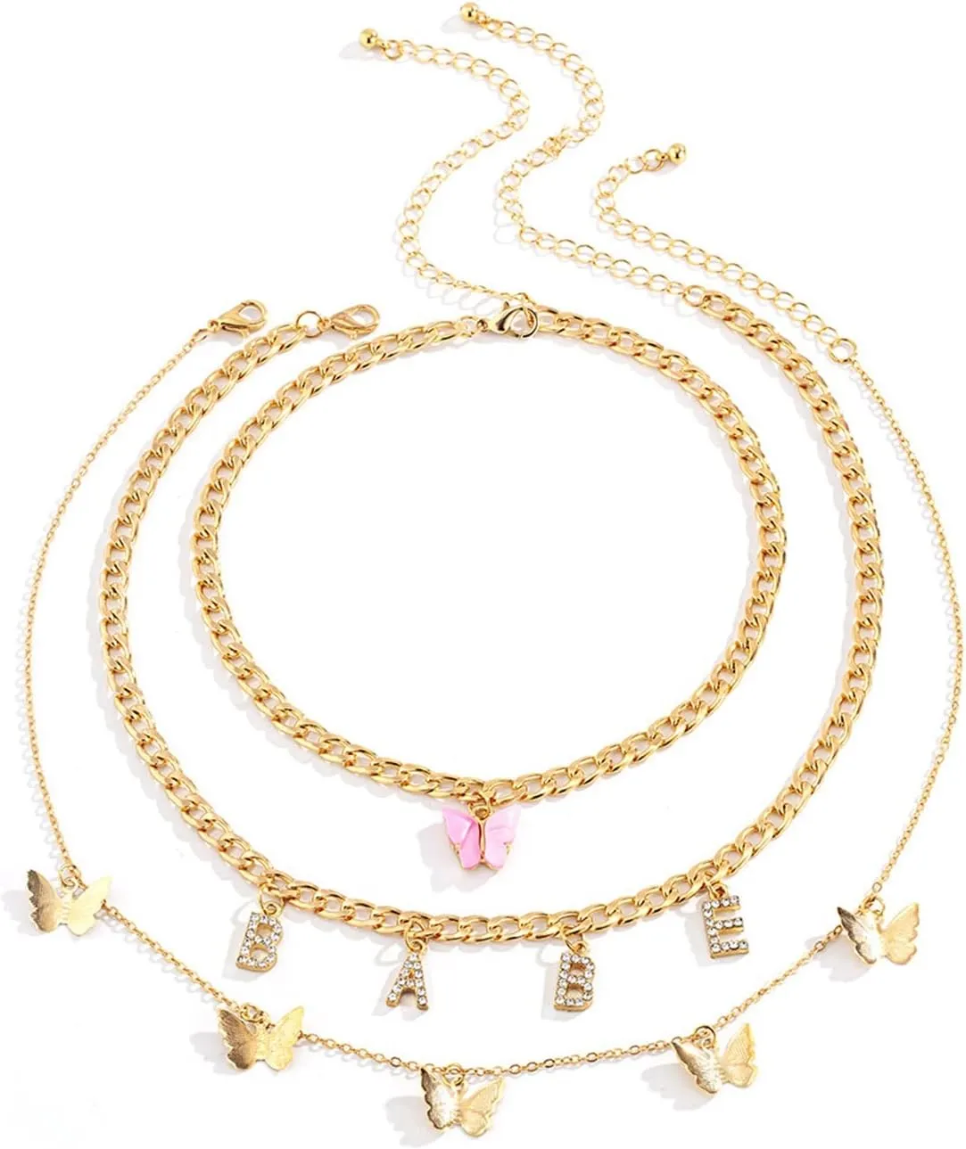 Layered Necklaces for Women, Dainty Layered Choker Necklace Babe Butterfly Pendant Chain Necklaces Jewelry Gifts for Birthday Wedding, 3 Pieces, Gold, 40CM