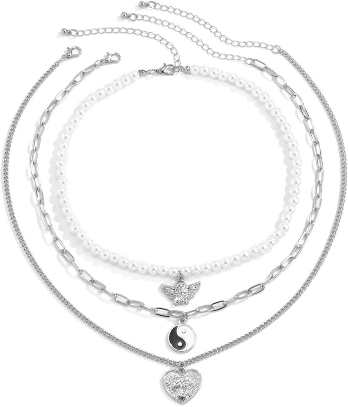 Layered Necklaces for Women, Dainty Layered Choker Necklace Vintage Pearl Angel Heart Relief Tai Chi Pendant Chain Necklaces Women Jewelry, 3 Pieces