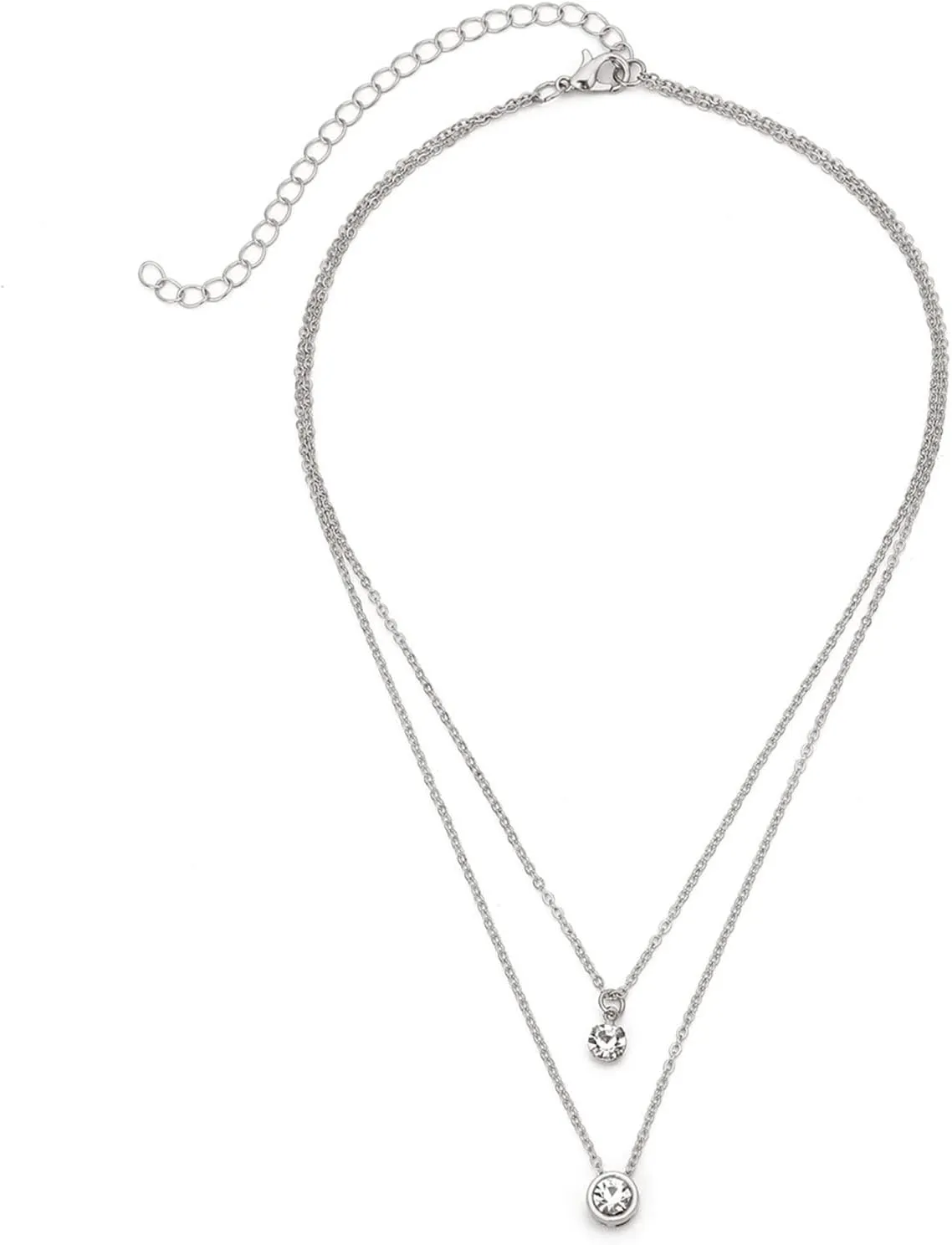 Layered Necklaces for Women Silver, Dainty Layered Choker Necklace Rhinestones Pendant Chain Necklaces Jewelry Birthday Gift for Her, 2 Layers, Silver