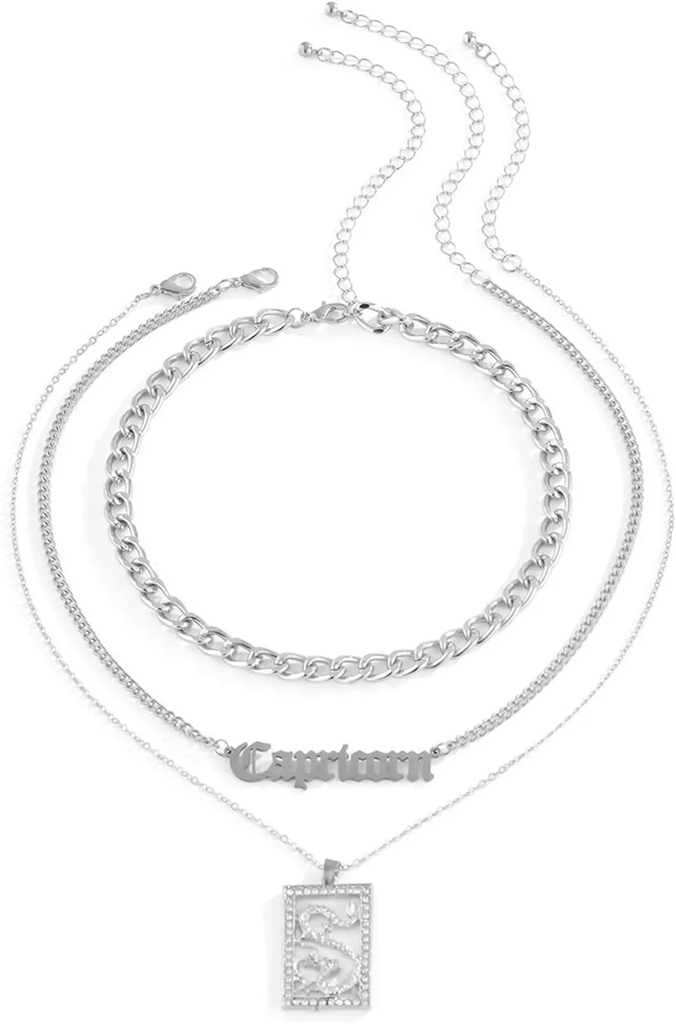 Layered Necklaces for Women, Silver Layered Necklace for Women 3 Layer Lobster Claw White Round Cubic Zirconia Long Letter Design Womens Jewelry