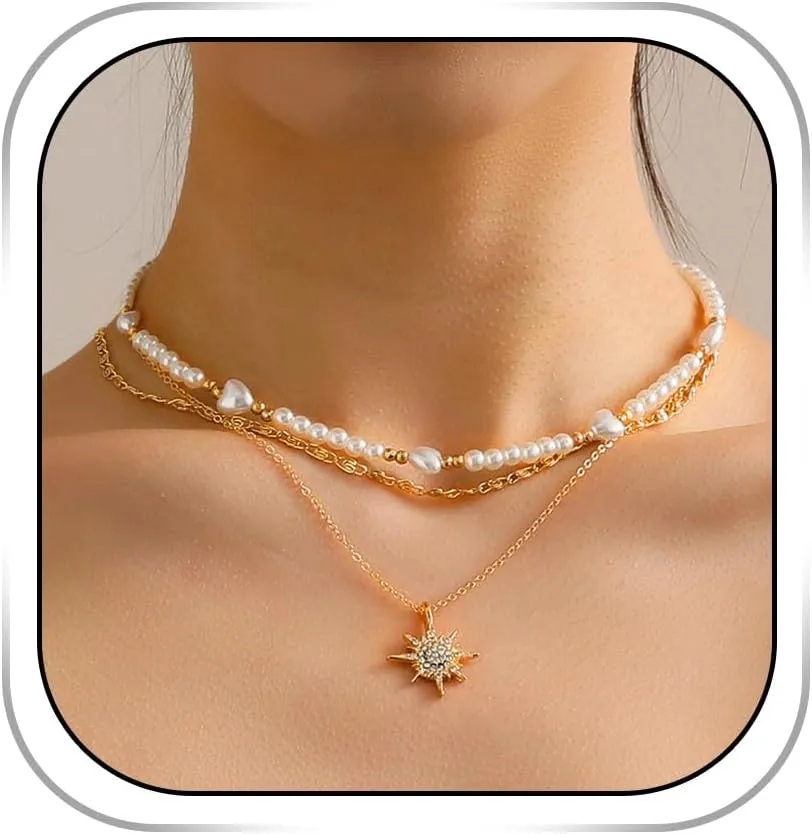 Layered Pearl Necklaces for Women Gold Pearl Necklace Star Rhinestone Pendant Necklace Trendy Dainty Jewelry for Party