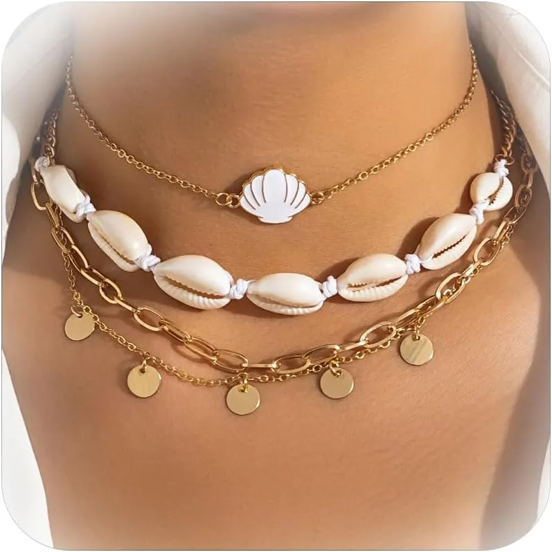 Layered Shell Necklaces for Women Natural Sea Shell Choker Boho Beaded Cowrie Shell Necklace Adjustable Summer Beachy Surfer Necklaces Jewelry Summer Vacation Outfit Accessories