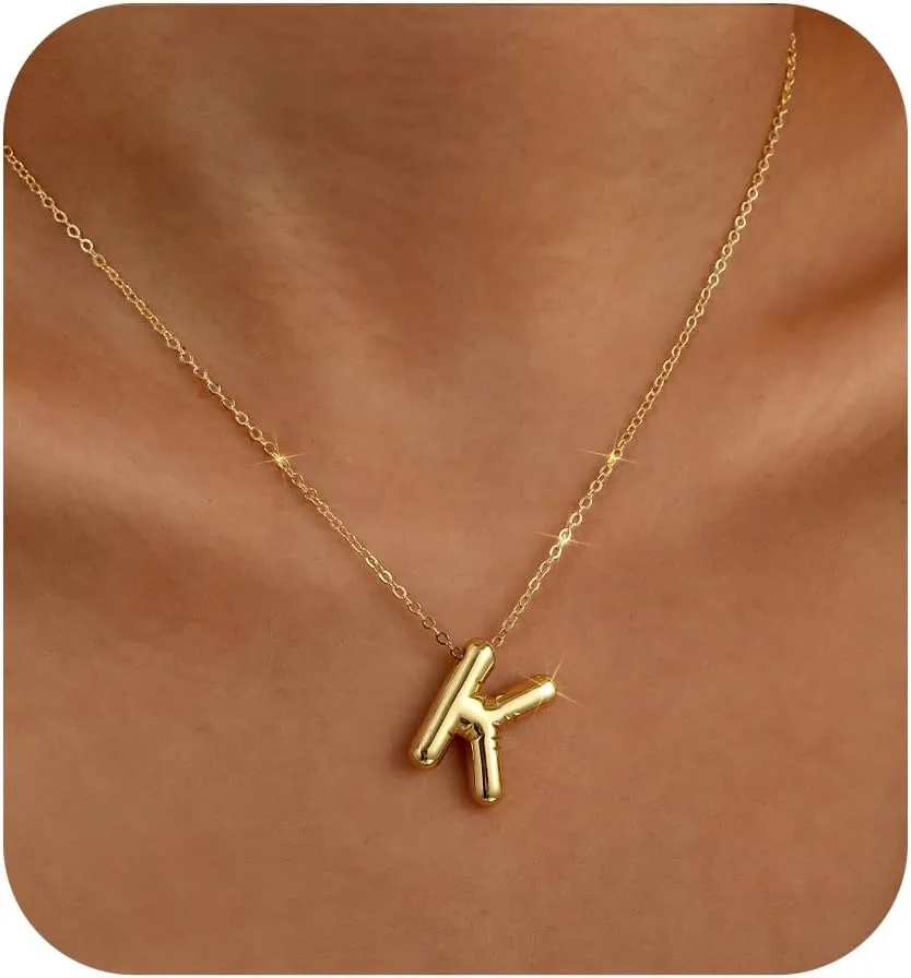 Lcherry Bubble Gold-Plated Initial Necklaces Letter Necklace for Women Trendy Chunky Balloon Charm Necklace Gifts for Women