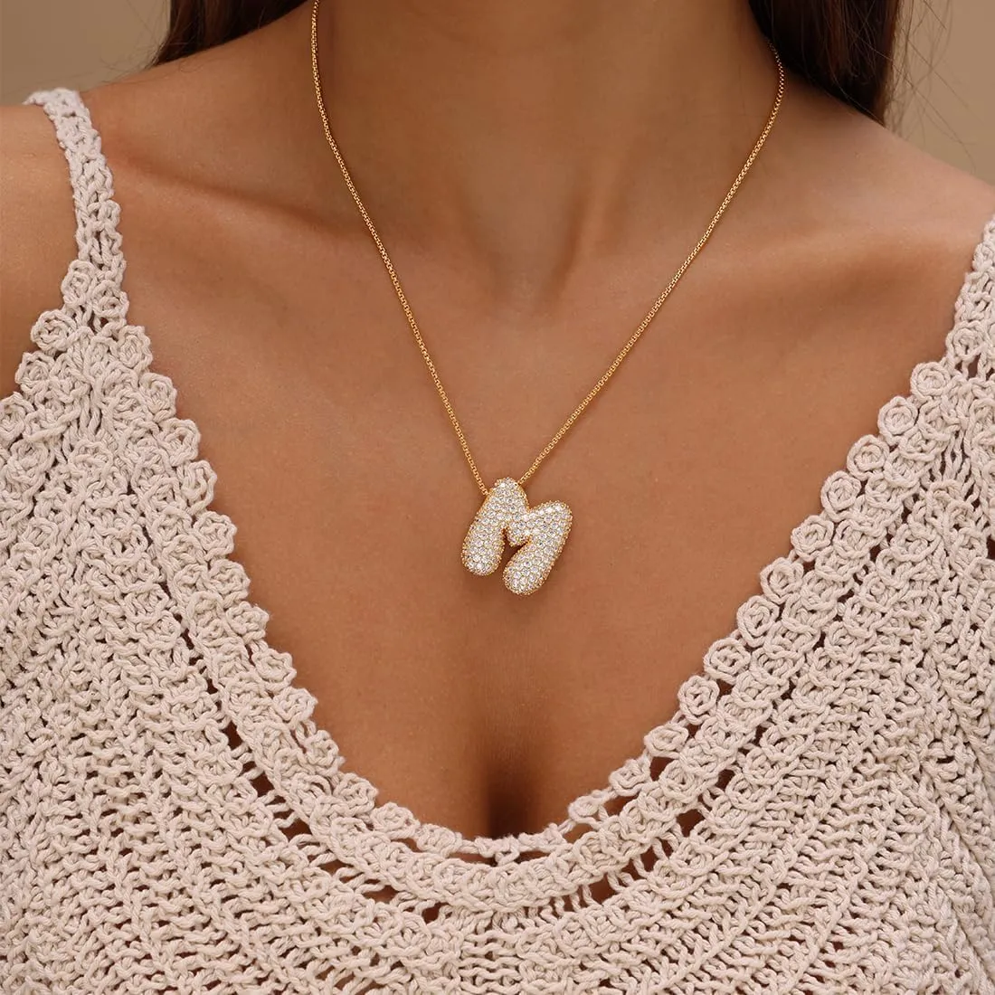 Lcherry Letter Necklace Gold Plated Initial Necklaces for Women Trendy Chunky CZ Balloon Charm Necklace Gifts for Women