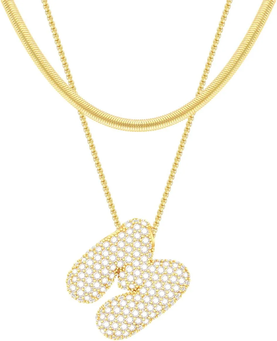 Lcherry Letter Necklace Gold Plated Initial Necklaces for Women Trendy Chunky CZ Balloon Charm Necklace Gifts for Women
