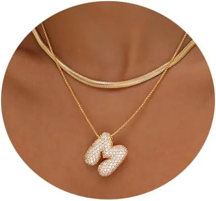 Lcherry Letter Necklace Gold Plated Initial Necklaces for Women Trendy Chunky CZ Balloon Charm Necklace Gifts for Women