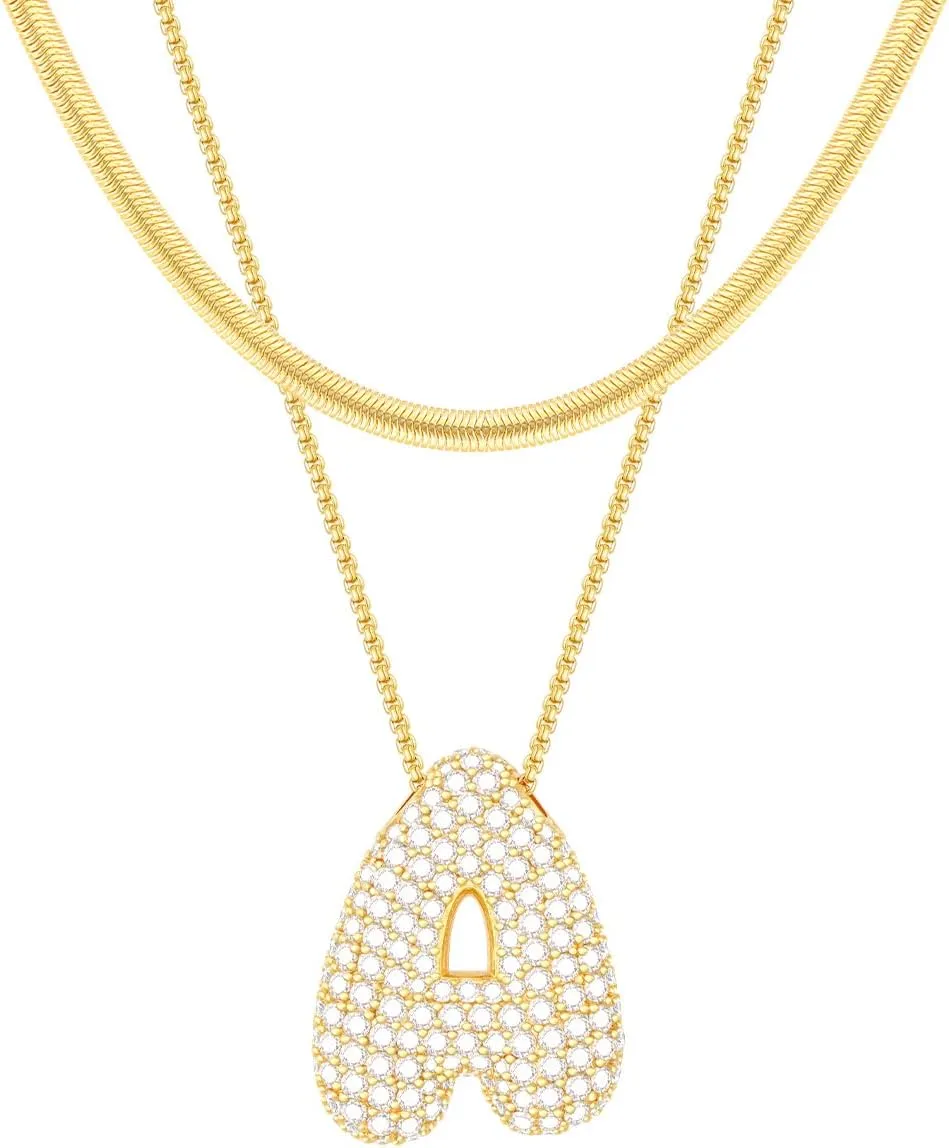 Lcherry Letter Necklace Gold Plated Initial Necklaces for Women Trendy Chunky CZ Balloon Charm Necklace Gifts for Women