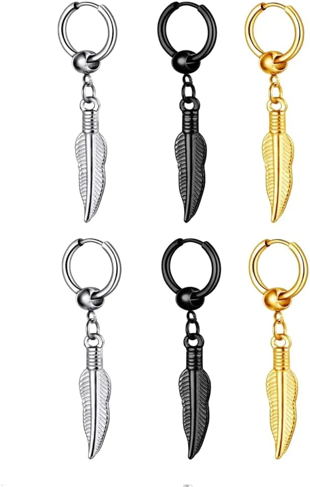 Leadigol 6PCS Vintage Leaf Hoop Earrings,Gothic Feather Leaf Dangle Hoop Earring Stainless Steel Feather Earring for Women Men