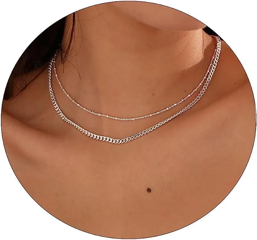 LEXODY Gold Necklaces for Women Dainty Necklace Jewelry Set Cuban Link Beaded Chain 14k Gold Layered Necklace Pendant Necklace Choker for Women Jewelry Gifts