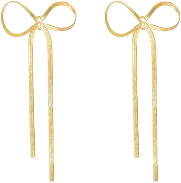 Long Chain Bow Dangle Drop Earrings - Statement Ribbon Tassel Earrings for Women, Bow Fringe Waterfall Dangling Earrings, Fashion Jewelry Gift for Wedding Prom