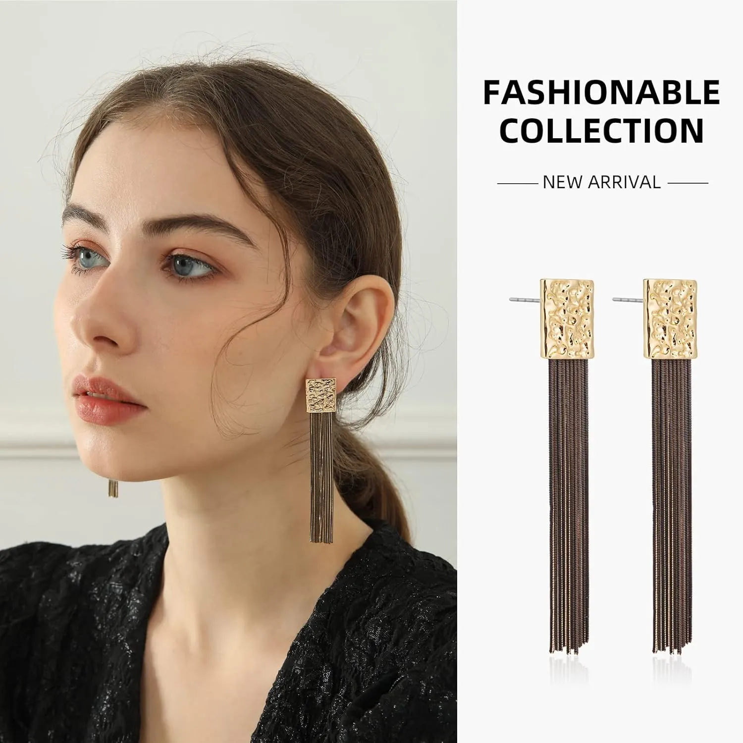 Long Chain Tassel Earrings Elegant - Sleek Chain Fringe Dangle Earrings for Party, Wedding or Event