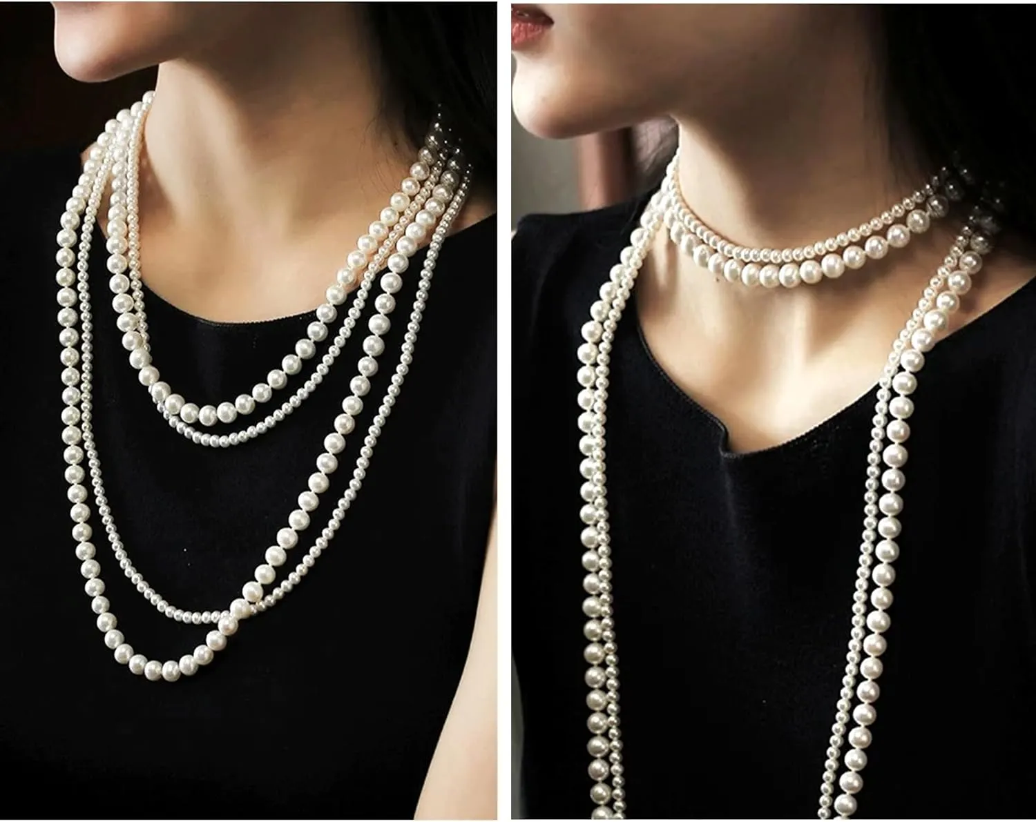 Long Pearl Necklaces for Women Cream White Faux Pearl Strand Layered Necklace Costume Jewelry