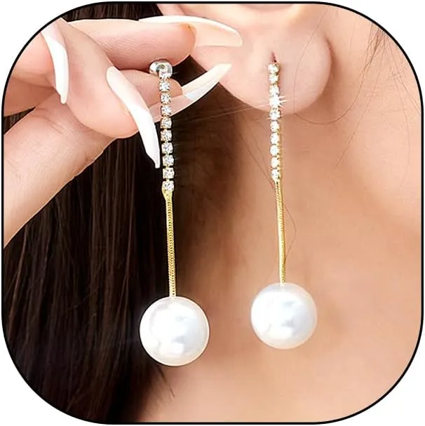 Long Pearl Tassel Chain Earrings for Women Crystal Tennis Chain Chandelier Dangle Earring Sparkly Rhinestone Geometric Statement Drop Earrings Dainty Jewelry Gifts