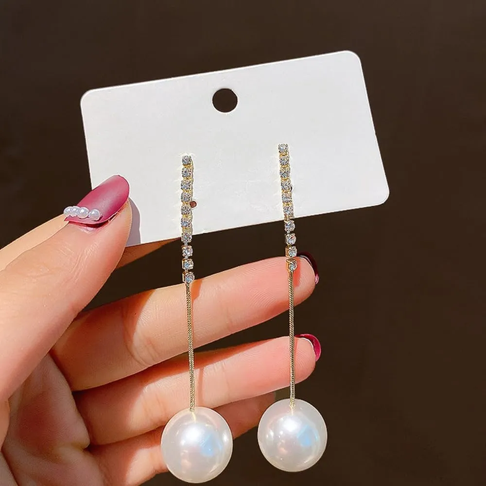 Long Pearl Tassel Chain Earrings for Women Crystal Tennis Chain Chandelier Dangle Earring Sparkly Rhinestone Geometric Statement Drop Earrings Dainty Jewelry Gifts