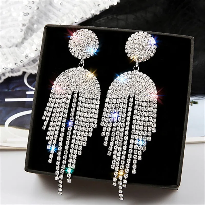 Long Tassel Crystal Drop Earrings Geometric Full Rhinestone Earrings