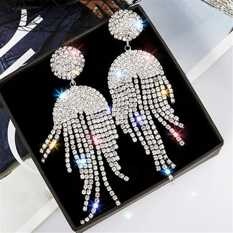 Long Tassel Crystal Drop Earrings Geometric Full Rhinestone Earrings